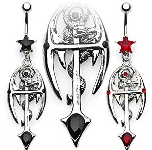 tngbodyjewelry.com Gothic Bat Dangle Belly Button Navel Ring with Clear and Red Accent Stones