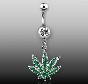 Green gemstone weed emblem heart design belly button piercing ring 14g