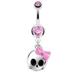 Babyface Girlie Baby Girl Skull with Pink Ribbon Bow Dangle Belly Button Navel Ring
