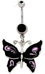 Black Butterfly & Pink Painted Swirl Design Dangle 14g Belly Button Ring 3/8" Barbell Curve Body Jewelry