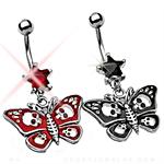 Butterfly with Carved Skull Design on Wings and Star Shape CZ Dangle Belly Button Navel Ring
