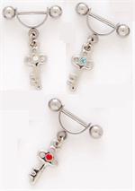 Stainless Steel Dangling Heart Shaped Lock & Key Belly Ring Accented w/ Clear CZ 